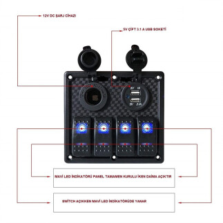 BFY Switch Panel 4'lü. USB + 12V Çakmaklık - 4