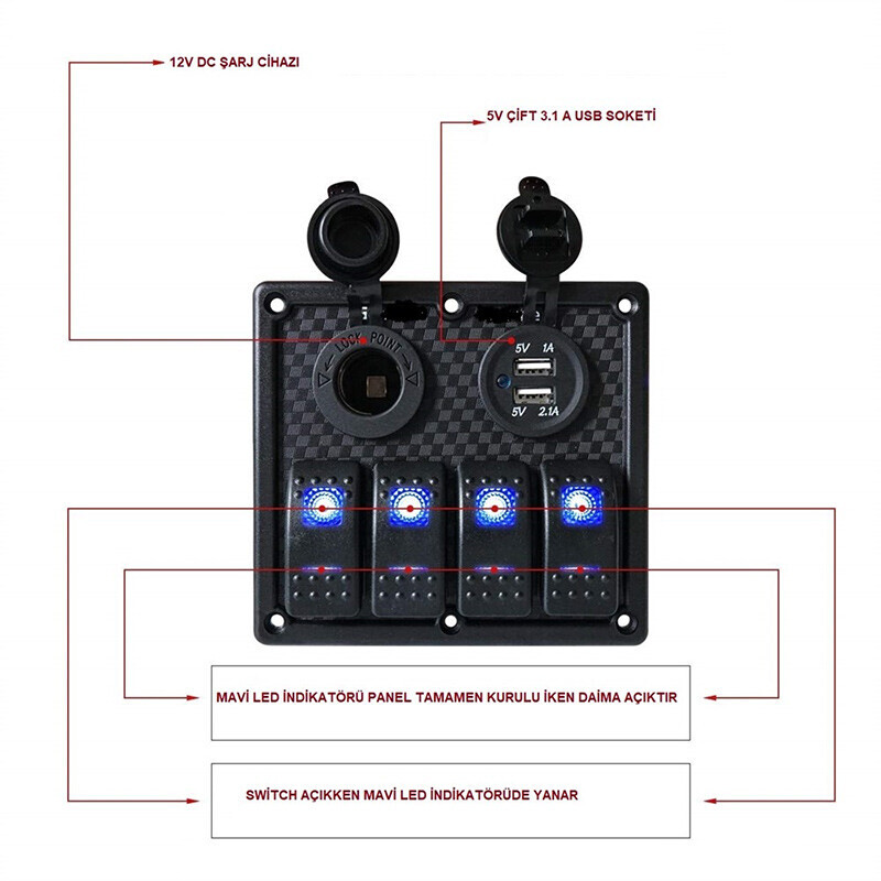 BFY Switch Panel 4'lü. USB + 12V Çakmaklık - 4